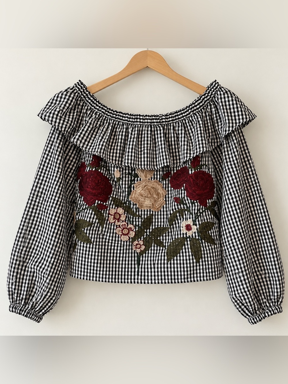 JOA Black White Gingham Floral Embroidered Off Shoulder Top NWT XS #1211
